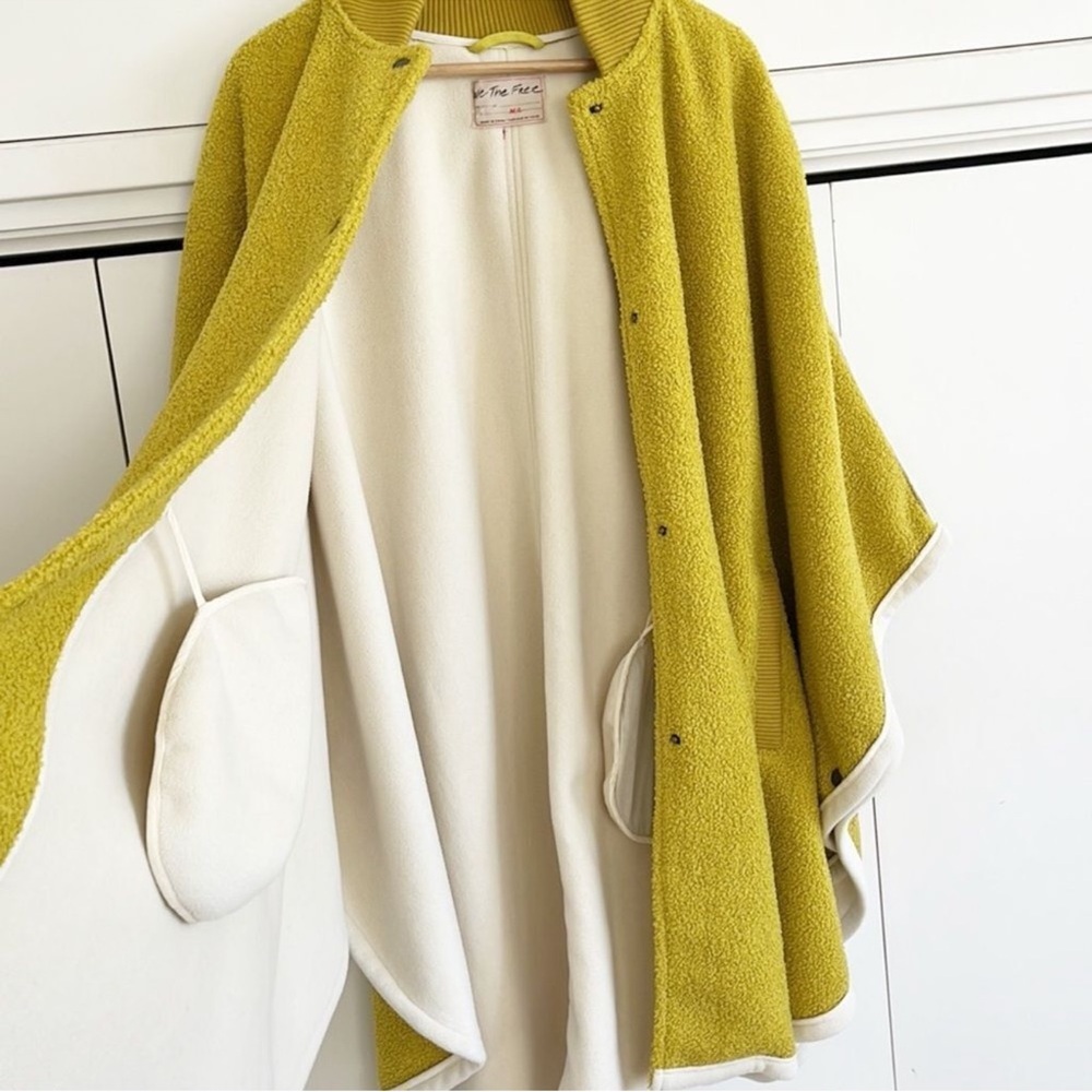 Free People Stone Cold Circle Cape Mustard Yellow Boucle Varsity Pancho - Picture 7 of 15